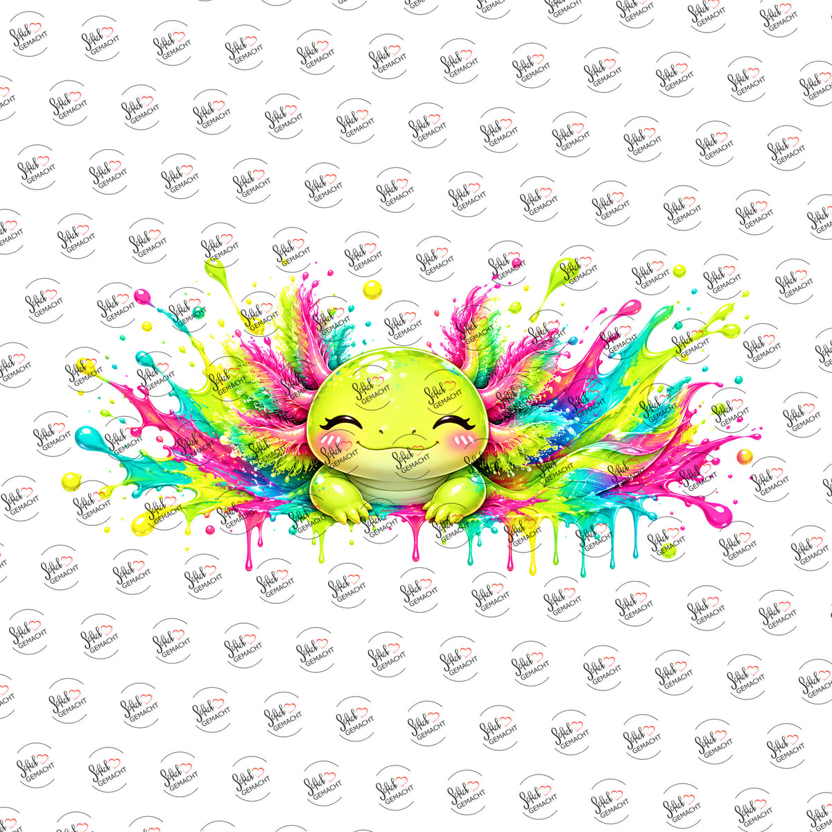 Grüner Axolotl im Farbrausch als Rub-on-Sticker, einzeln
