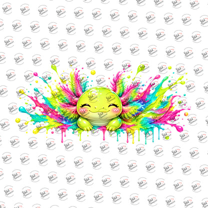 Grüner Axolotl im Farbrausch als Rub-on-Sticker, einzeln