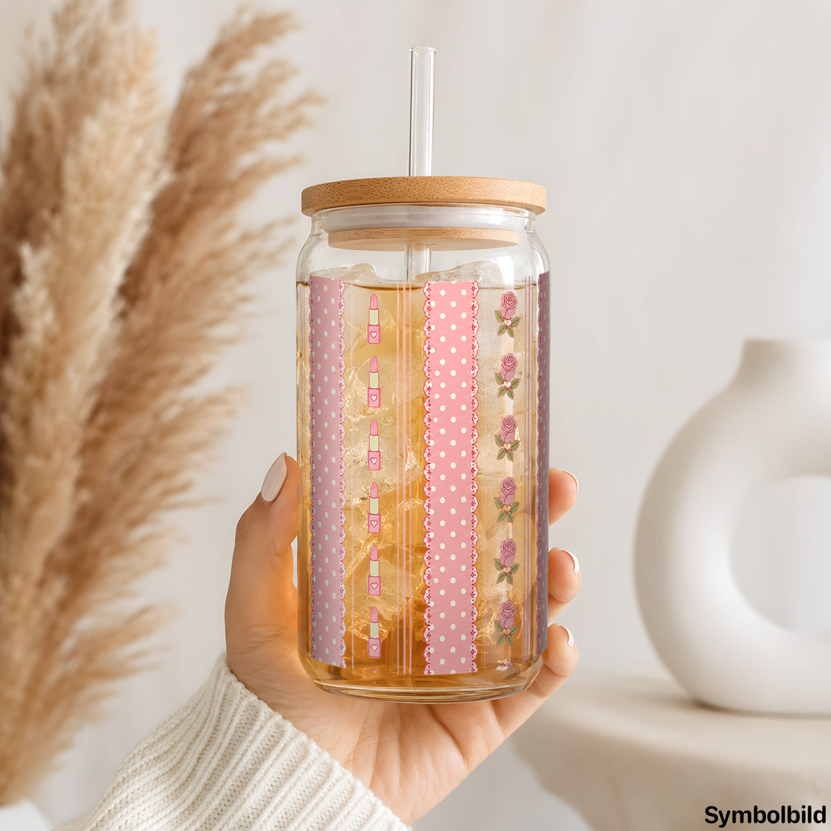 Becher-Aufkleber „Schleifen-Streifen in Rosa“ auf einem 16oz Glasbecher