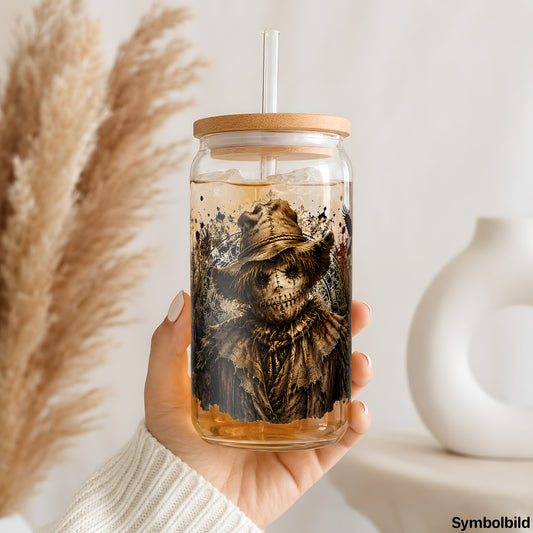 Becher-Aufkleber „Vogelscheuche im Feld“ auf einem 16oz Glasbecher