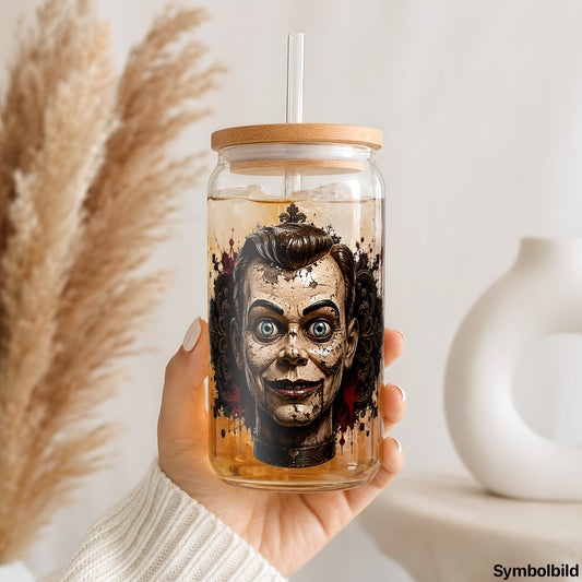 Becher-Aufkleber „Grinsende Puppe“ auf einem 16oz Glasbecher