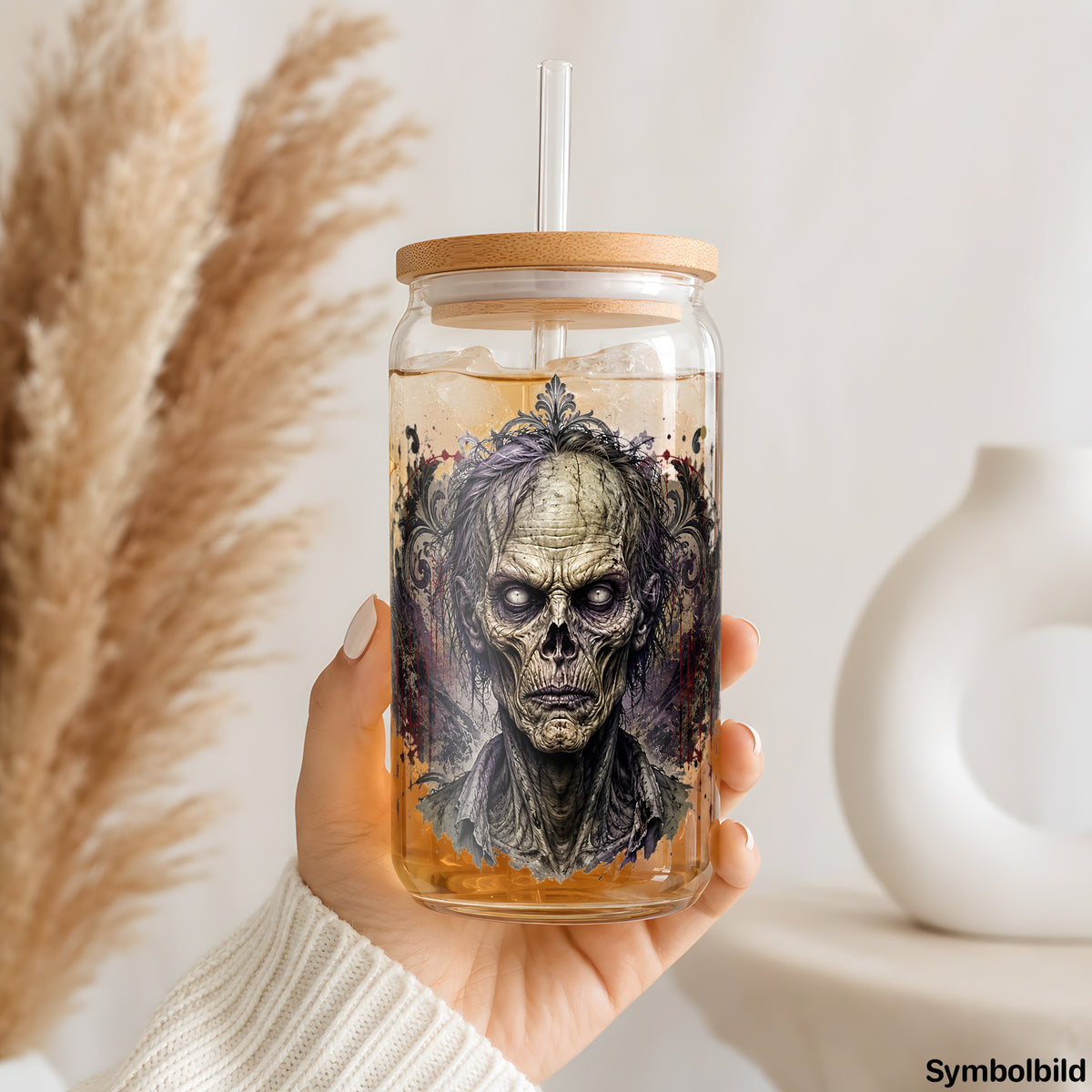 Becher-Aufkleber „Untoter Blick“ auf einem 16oz Glasbecher