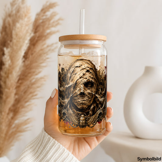 Becher-Aufkleber „Die Mumie“ auf einem 16oz Glasbecher