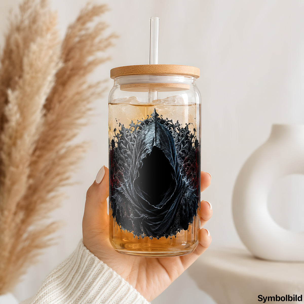 Kapuzengestalt-Aufkleber auf einem 16oz Glasbecher