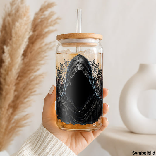 Becher-Aufkleber „Der Namenlose“ auf einem 16oz Glasbecher
