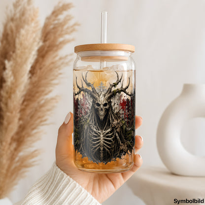 Becher-Aufkleber „Gehörnter Waldschädel“ auf einem 16oz Glasbecher