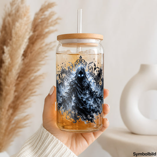Becher-Aufkleber „Nebelgeist in Blau“ auf einem 16oz Glasbecher