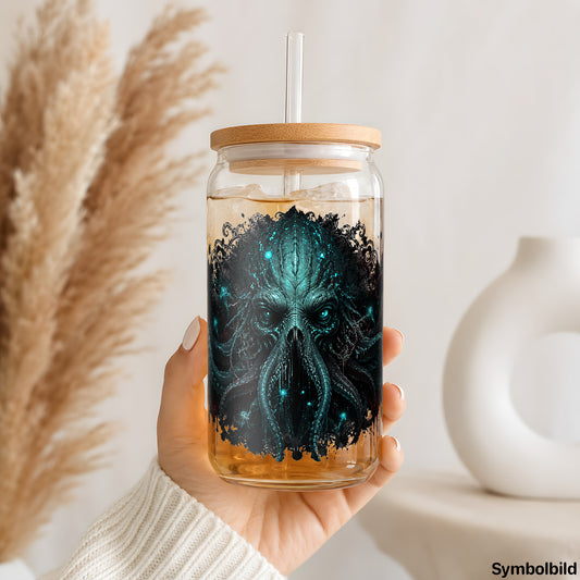 Becher-Aufkleber „Tentakel aus der Tiefe“ auf einem 16oz Glasbecher