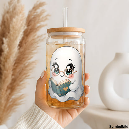 Leseratten-Geisterchen-Aufkleber auf einem 16oz Glasbecher