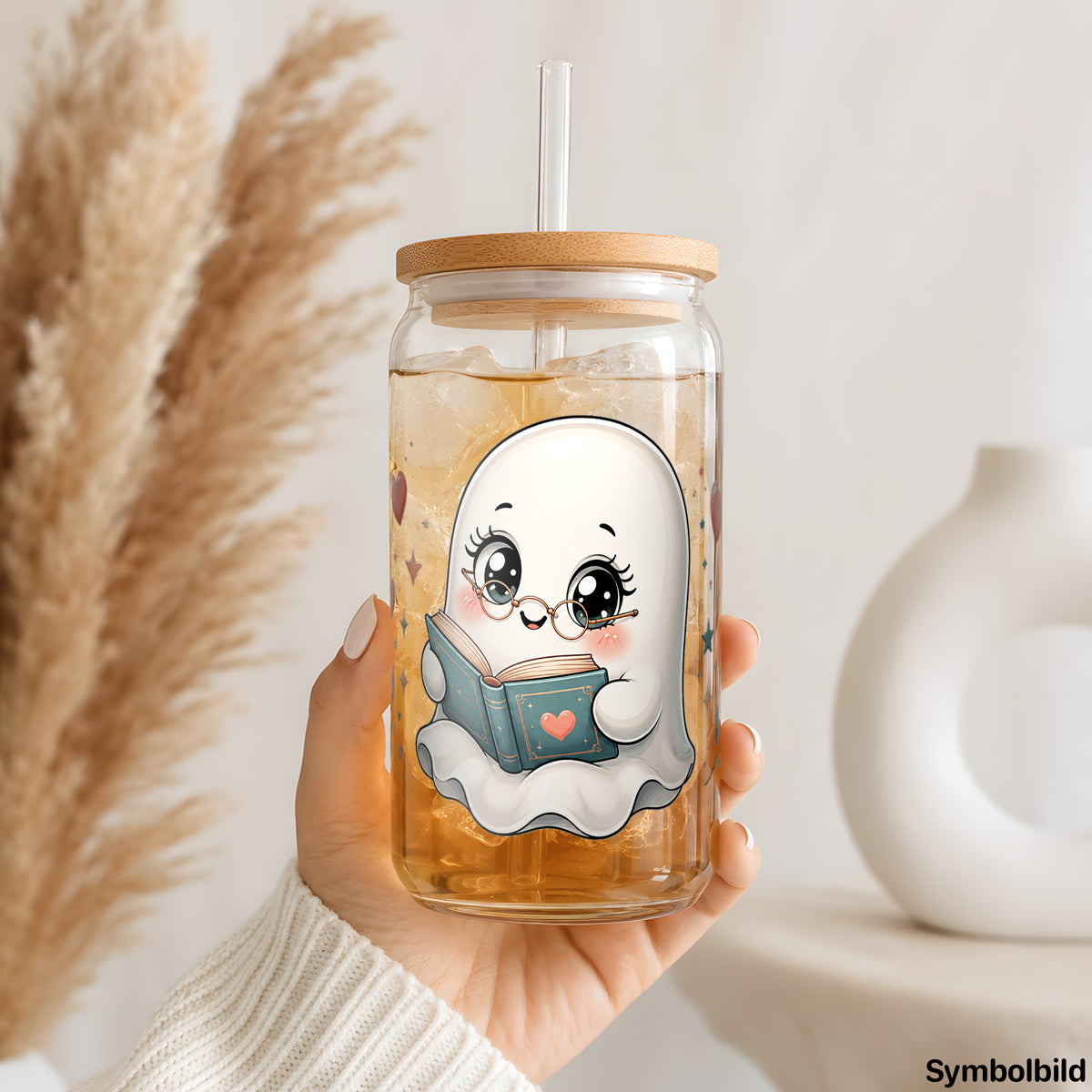 Becher-Aufkleber „Geisterchen liest“ auf einem 16oz Glasbecher