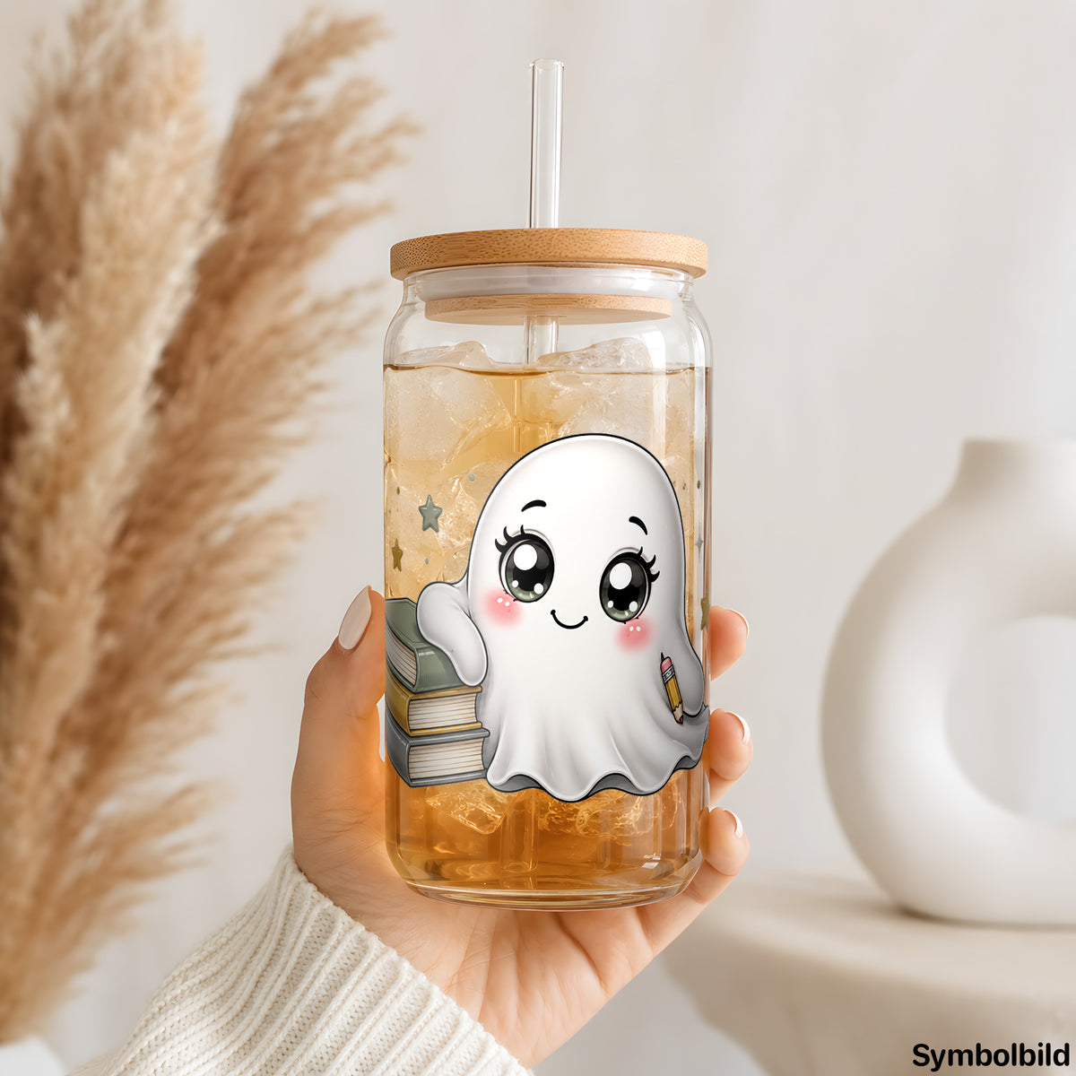 Becher-Aufkleber „Geisterchen am Schreibtisch“ auf einem 16oz Glasbecher