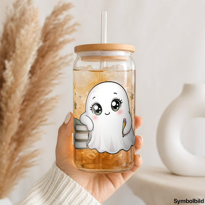 Becher-Aufkleber „Geisterchen lernt“ auf einem 16oz Glasbecher