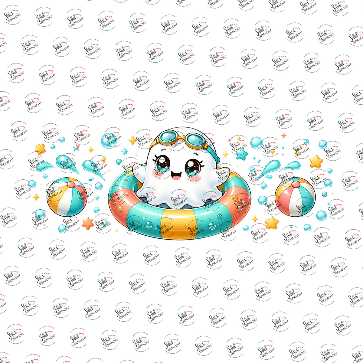 Geisterchen im Schwimmring als Rub-on-Sticker, einzeln