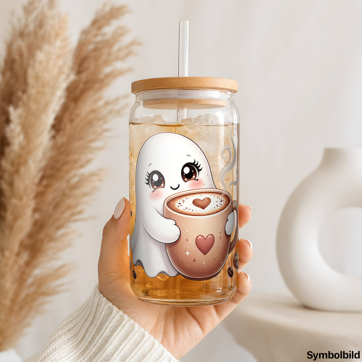 Becher-Aufkleber „Geisterchen mit Kaffee“ auf einem 16oz Glasbecher