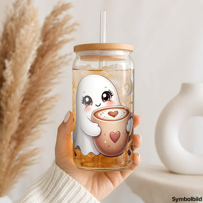 Becher-Aufkleber „Geisterchen mit Kaffee“ auf einem 16oz Glasbecher