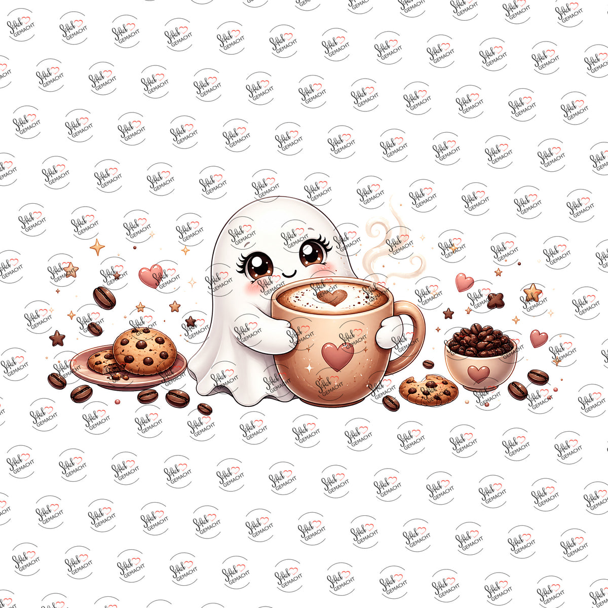 Geisterchen mit Kaffee als Rub-on-Sticker, einzeln
