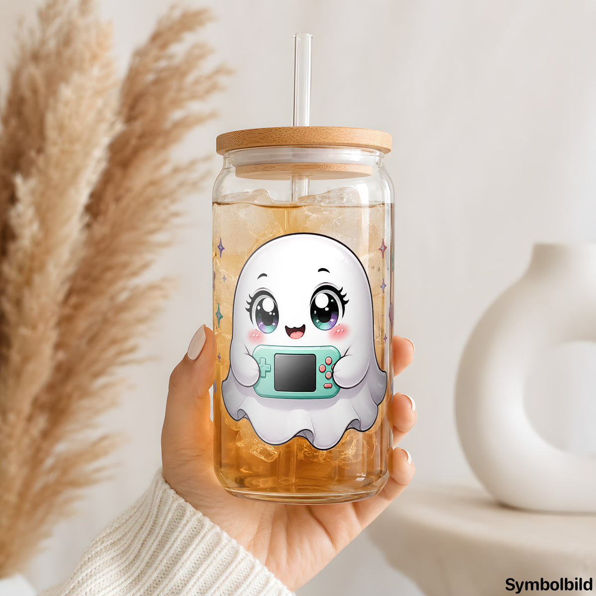 Becher-Aufkleber „Geisterchen zockt“ auf einem 16oz Glasbecher