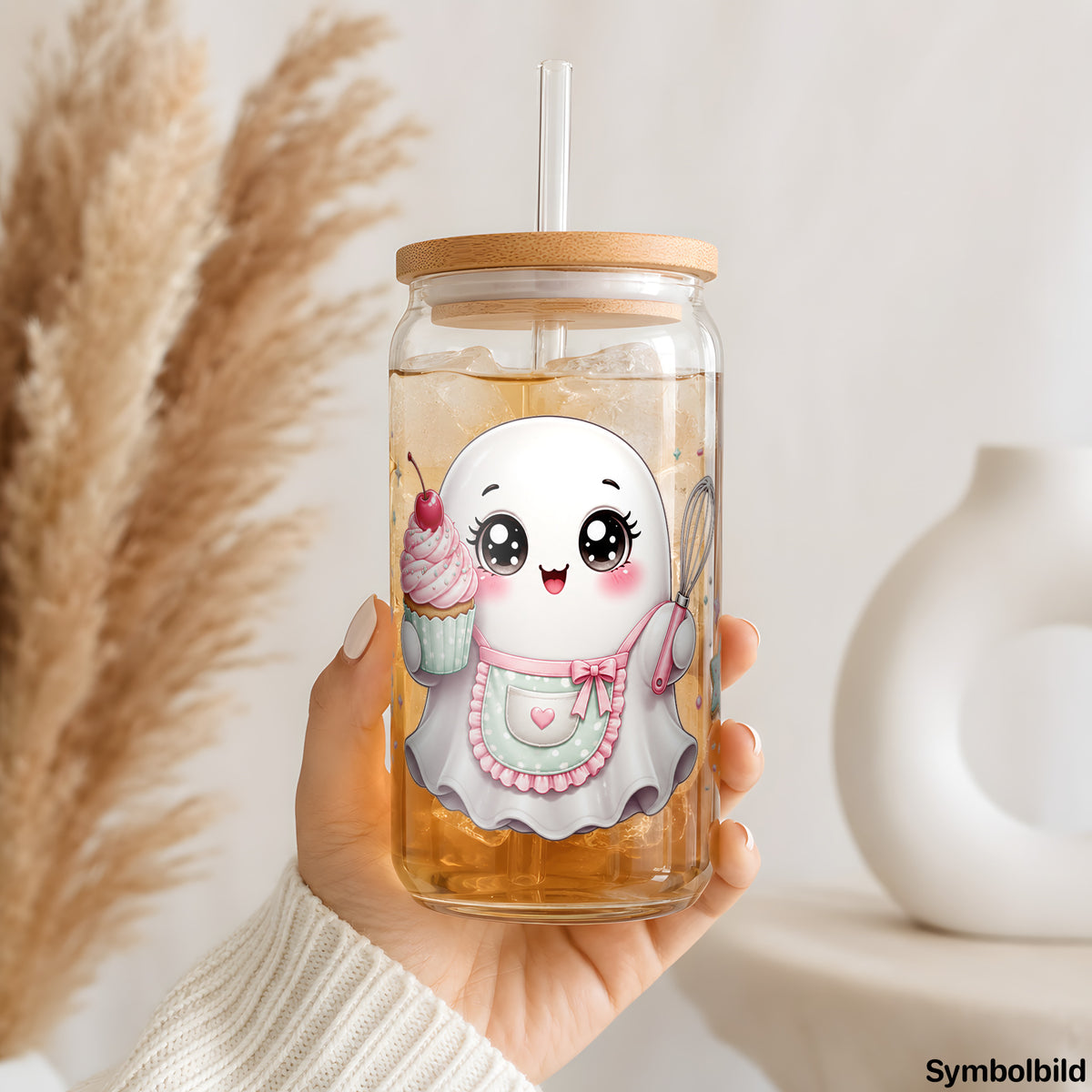 Back-Geisterchen-Aufkleber auf einem 16oz Glasbecher