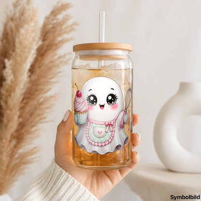 Back-Geisterchen-Aufkleber auf einem 16oz Glasbecher