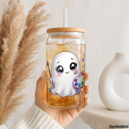 Farbklecks-Geisterchen-Aufkleber auf einem 16oz Glasbecher