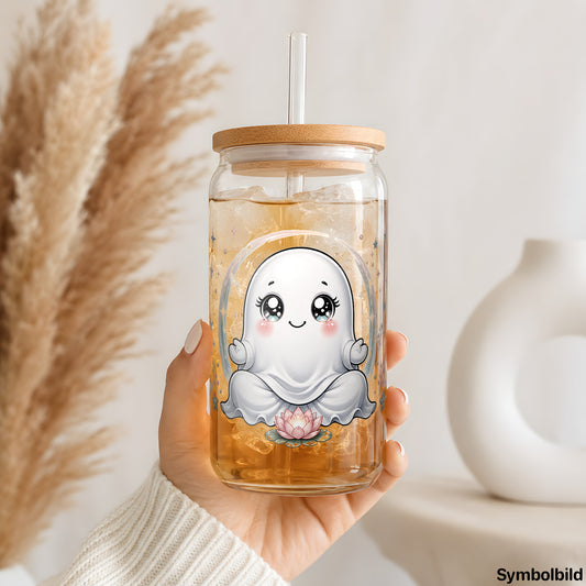 Becher-Aufkleber „Geisterchen im Mondkreis“ auf einem 16oz Glasbecher