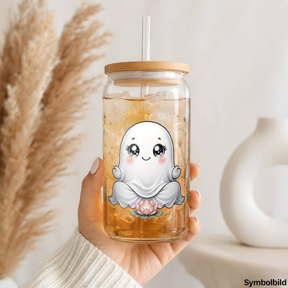 Becher-Aufkleber „Geisterchen in Ruhe“ auf einem 16oz Glasbecher