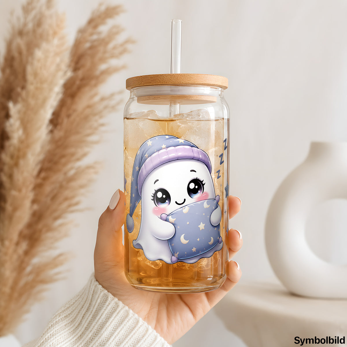 Becher-Aufkleber „Geisterchen im Schlafanzug“ auf einem 16oz Glasbecher