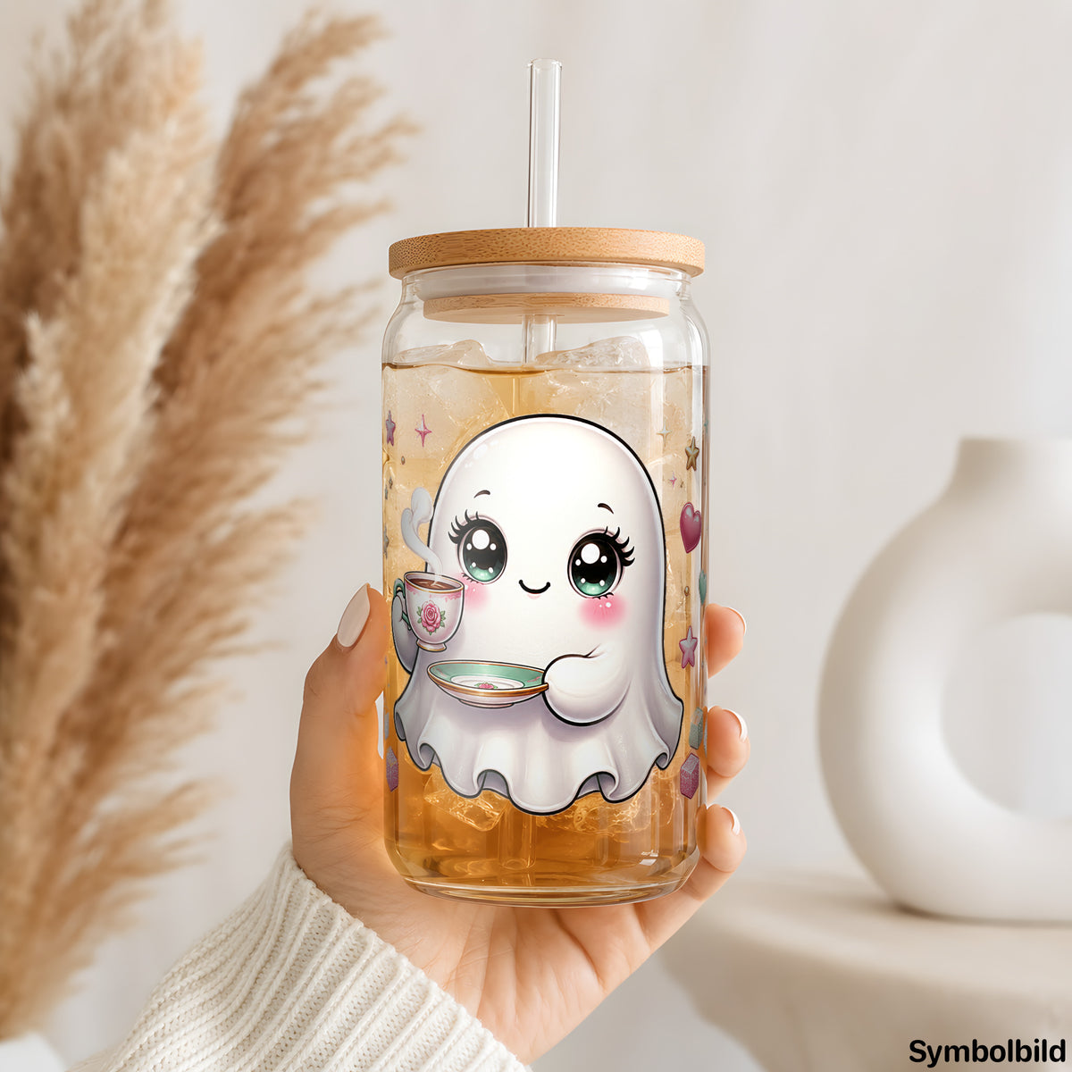 Becher-Aufkleber „Geisterchen bei der Teestunde“ auf einem 16oz Glasbecher
