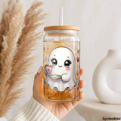 Becher-Aufkleber „Geisterchen bei der Teestunde“ auf einem 16oz Glasbecher