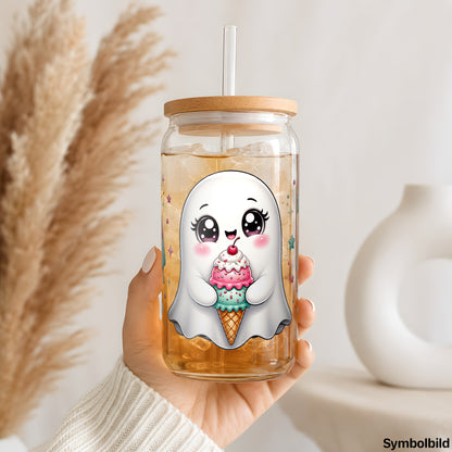 Becher-Aufkleber „Geisterchen mit Eistüte“ auf einem 16oz Glasbecher
