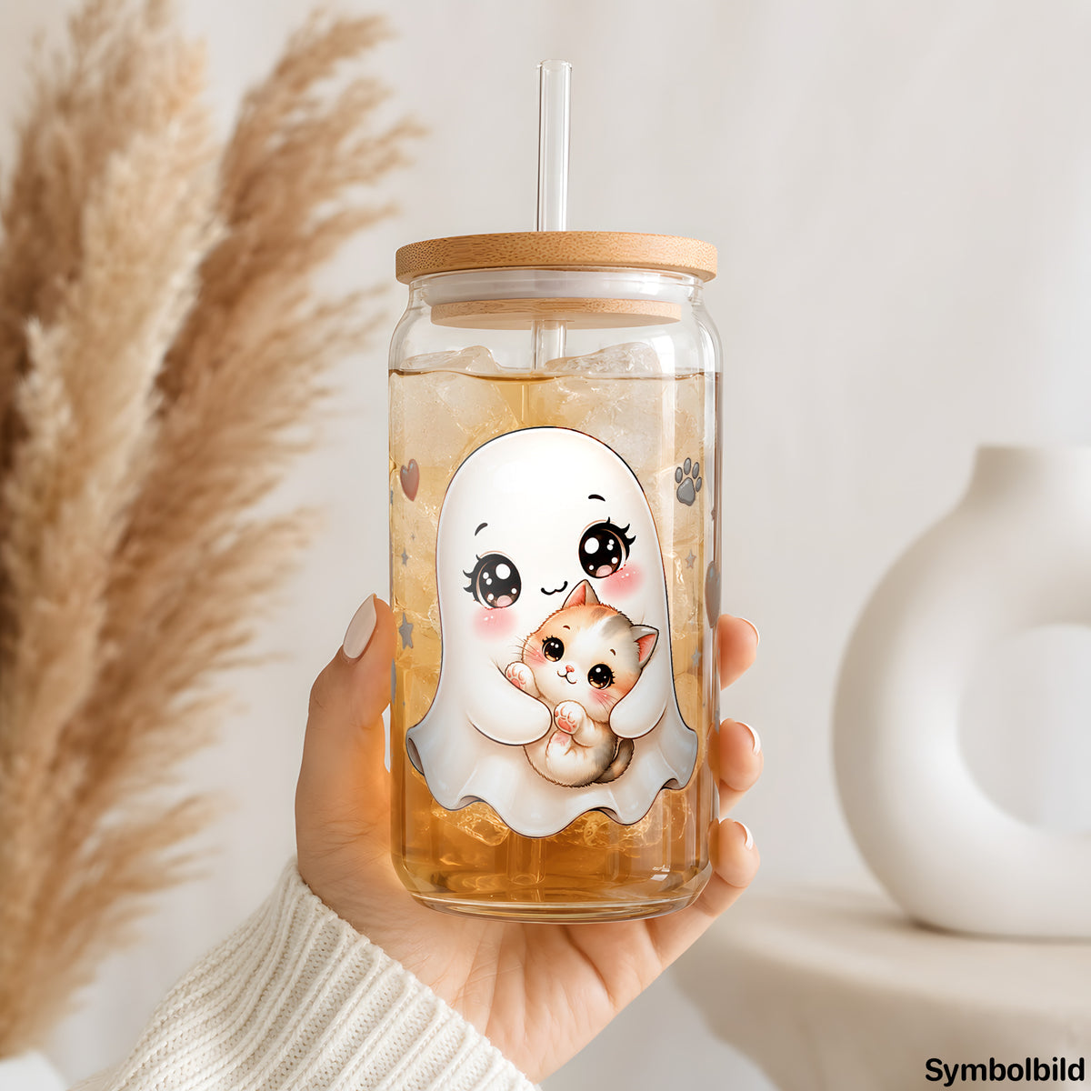 Becher-Aufkleber „Geisterchen mit Kätzchen“ auf einem 16oz Glasbecher