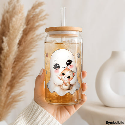 Becher-Aufkleber „Geisterchen mit Kätzchen“ auf einem 16oz Glasbecher