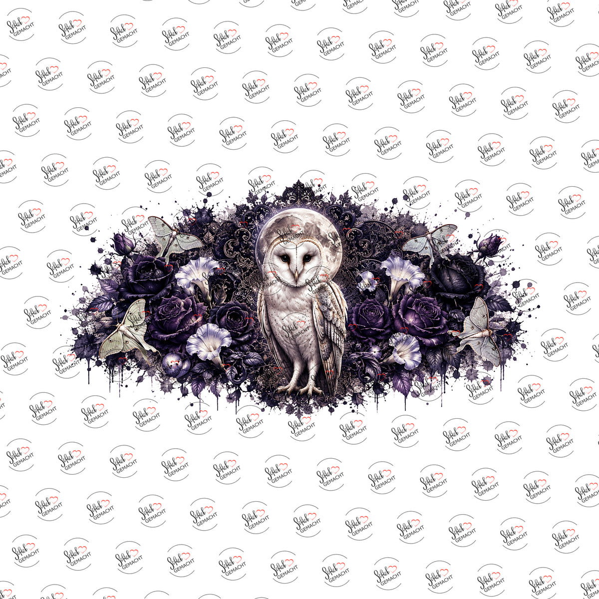 Schleiereule in dunklen Rosen als Rub-on-Sticker, einzeln