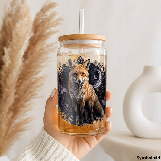 Becher-Aufkleber „Fuchs in dunklen Rosen“ auf einem 16oz Glasbecher