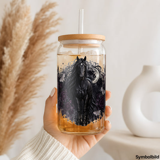 Becher-Aufkleber „Rappe im Blütenmeer“ auf einem 16oz Glasbecher
