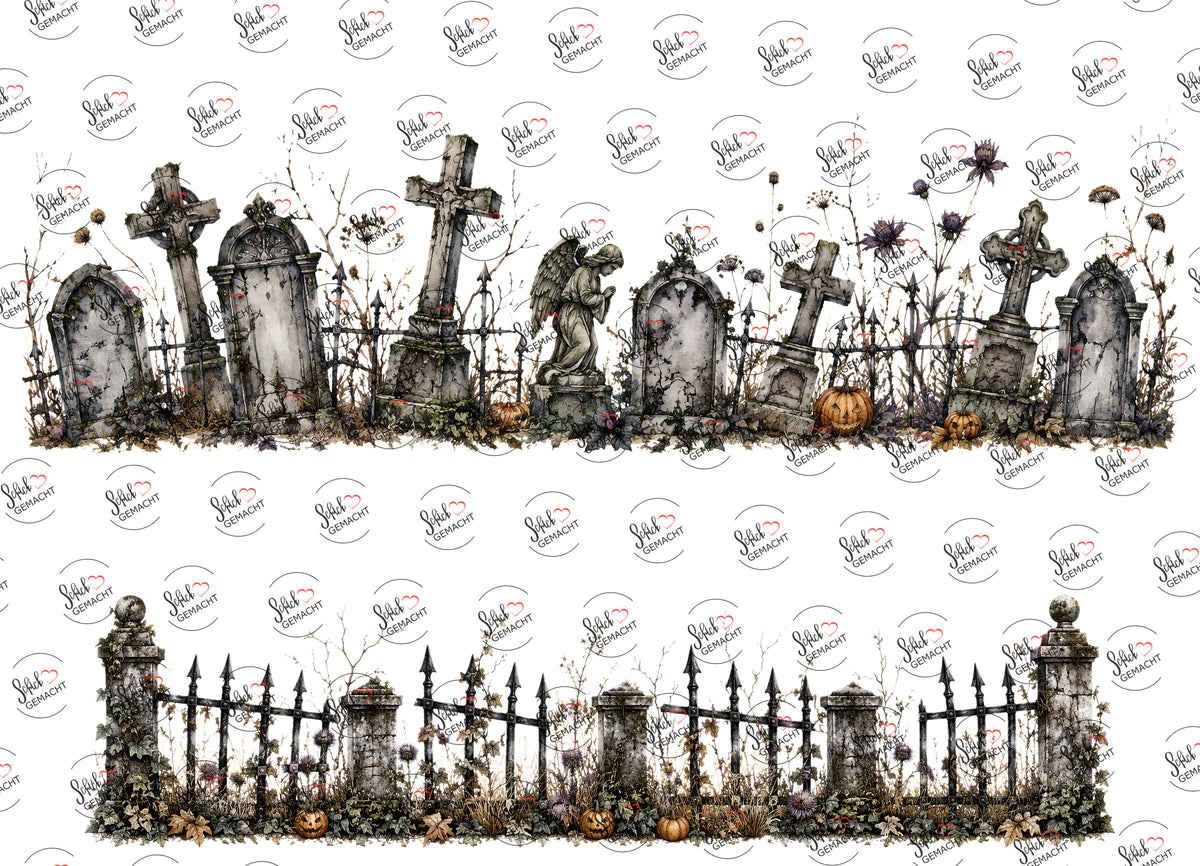 Alter Friedhof im Nebel – beide Teile des UV-DTF Stickers