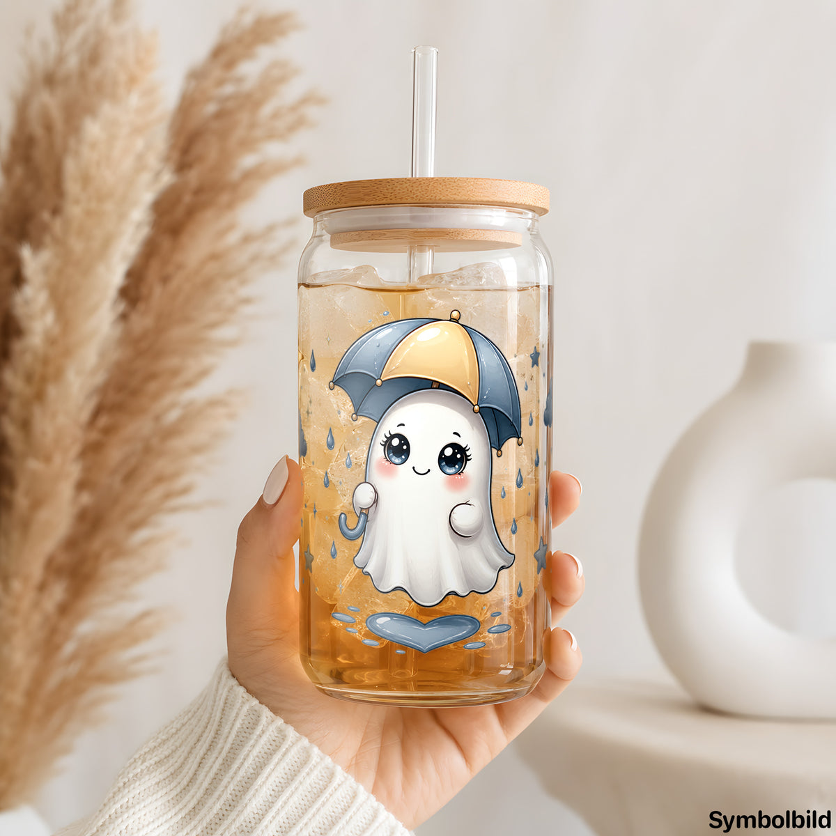 Becher-Aufkleber „Geisterchen im Regen“ auf einem 16oz Glasbecher