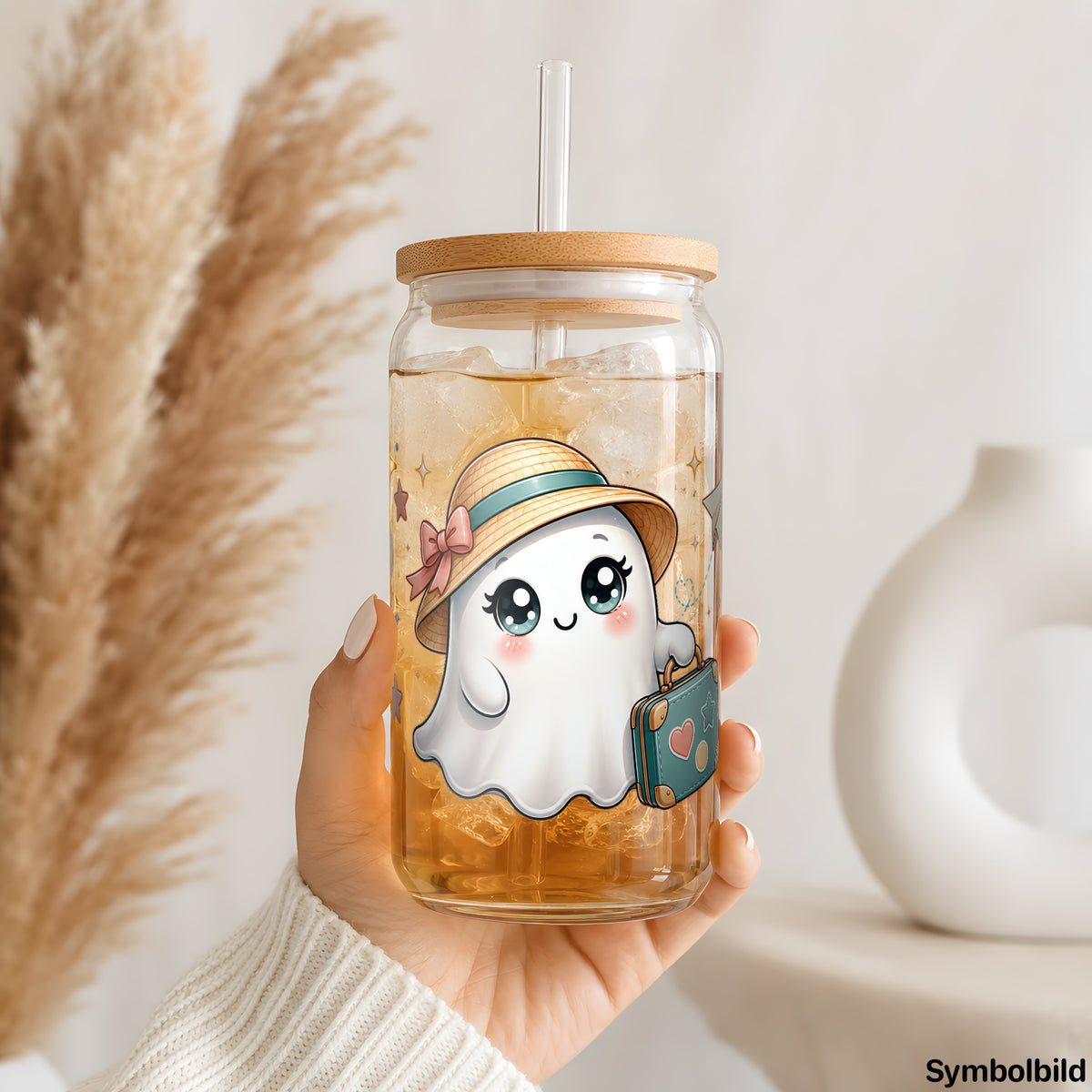 Becher-Aufkleber „Geisterchen auf Reisen“ auf einem 16oz Glasbecher