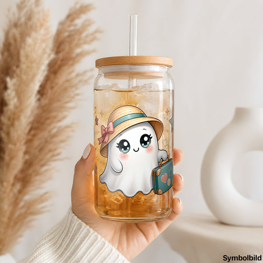 Becher-Aufkleber „Geisterchen auf Reisen“ auf einem 16oz Glasbecher