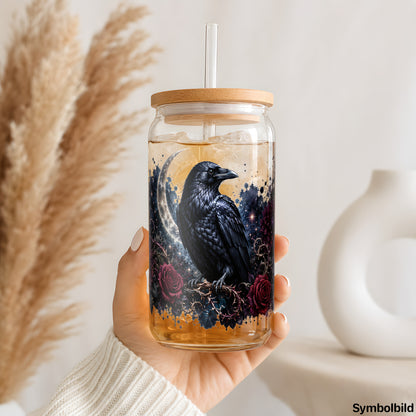 Becher-Aufkleber „Rabe mit roten Rosen“ auf einem 16oz Glasbecher