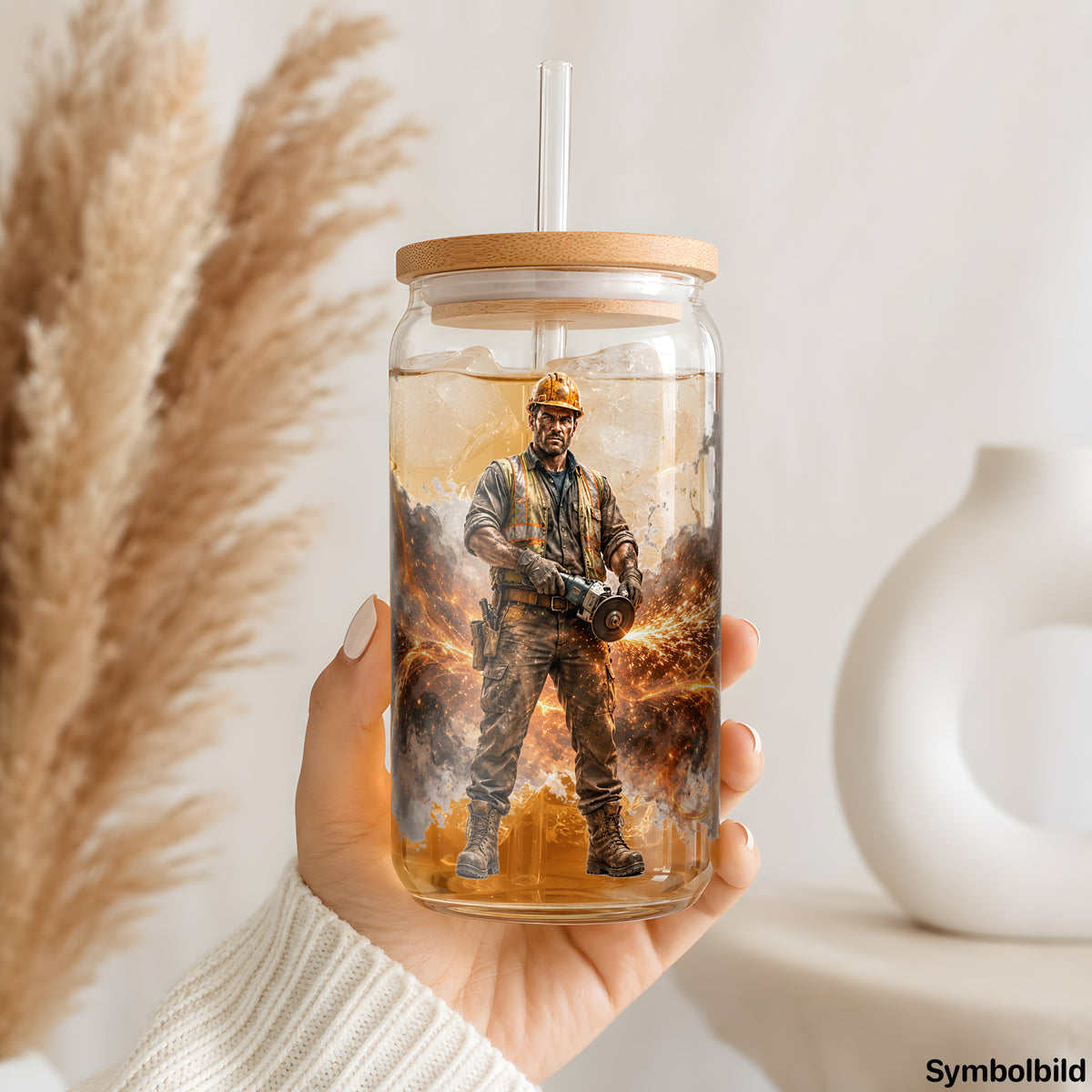 Becher-Aufkleber „Bauarbeiter im Funkenflug“ auf einem 16oz Glasbecher