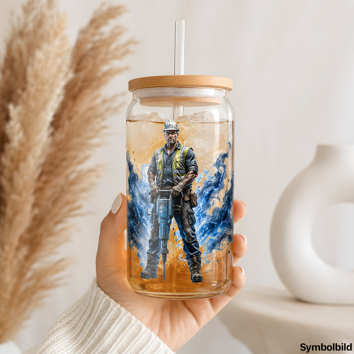Becher-Aufkleber „Bauarbeiter mit Presslufthammer“ auf einem 16oz Glasbecher