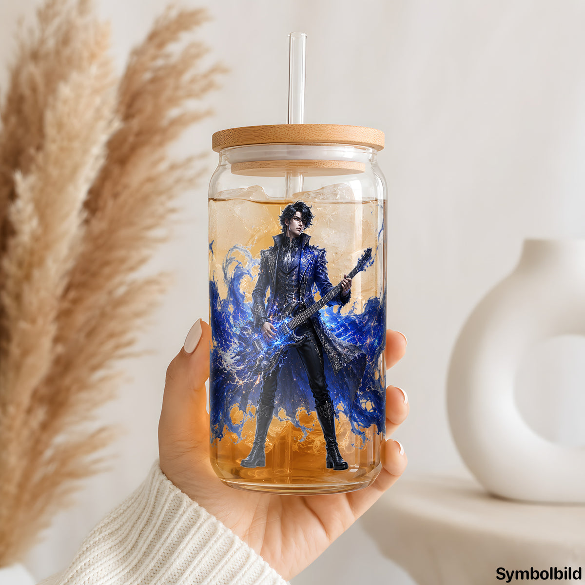 Becher-Aufkleber „Gitarrist in Blau“ auf einem 16oz Glasbecher