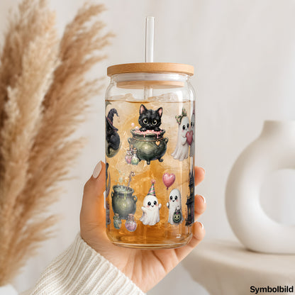 Becher-Aufkleber „Katzen-Halloween in Pastell“ auf einem 16oz Glasbecher