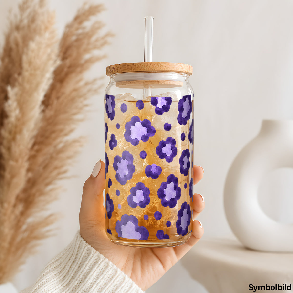 Becher-Aufkleber „Leo in Lila“ auf einem 16oz Glasbecher