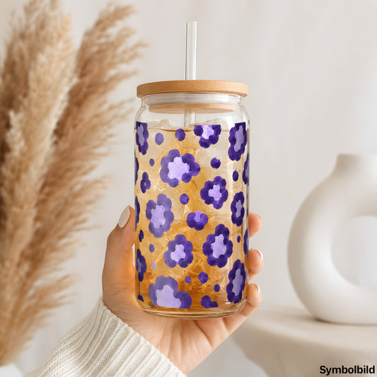 Becher-Aufkleber „Leo in Lila“ auf einem 16oz Glasbecher