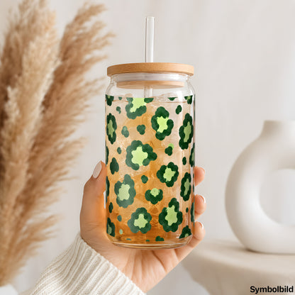Becher-Aufkleber „Leo in Grün“ auf einem 16oz Glasbecher