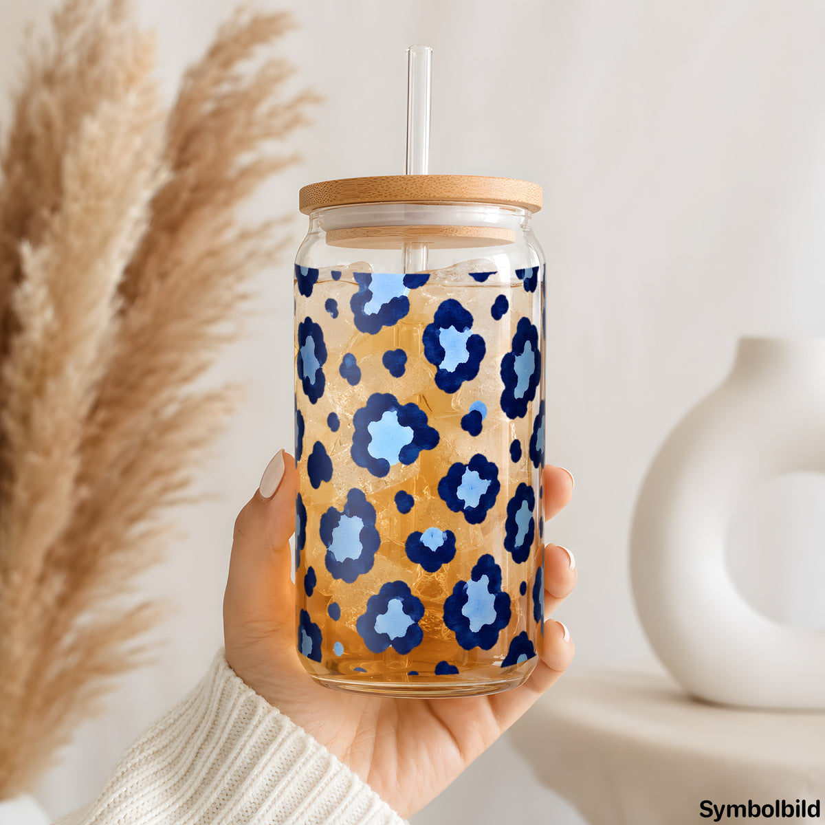 Becher-Aufkleber „Leo in Blau“ auf einem 16oz Glasbecher