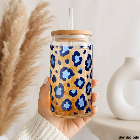 Becher-Aufkleber „Leo in Blau“ auf einem 16oz Glasbecher