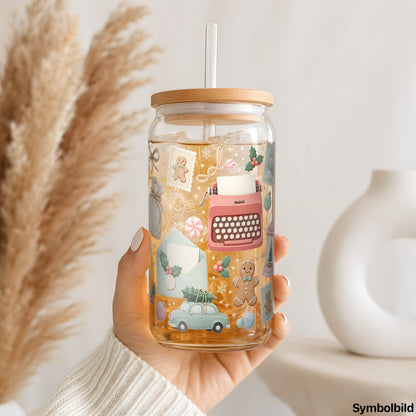 Vintage-Weihnachtscollage-Aufkleber auf einem 16oz Glasbecher